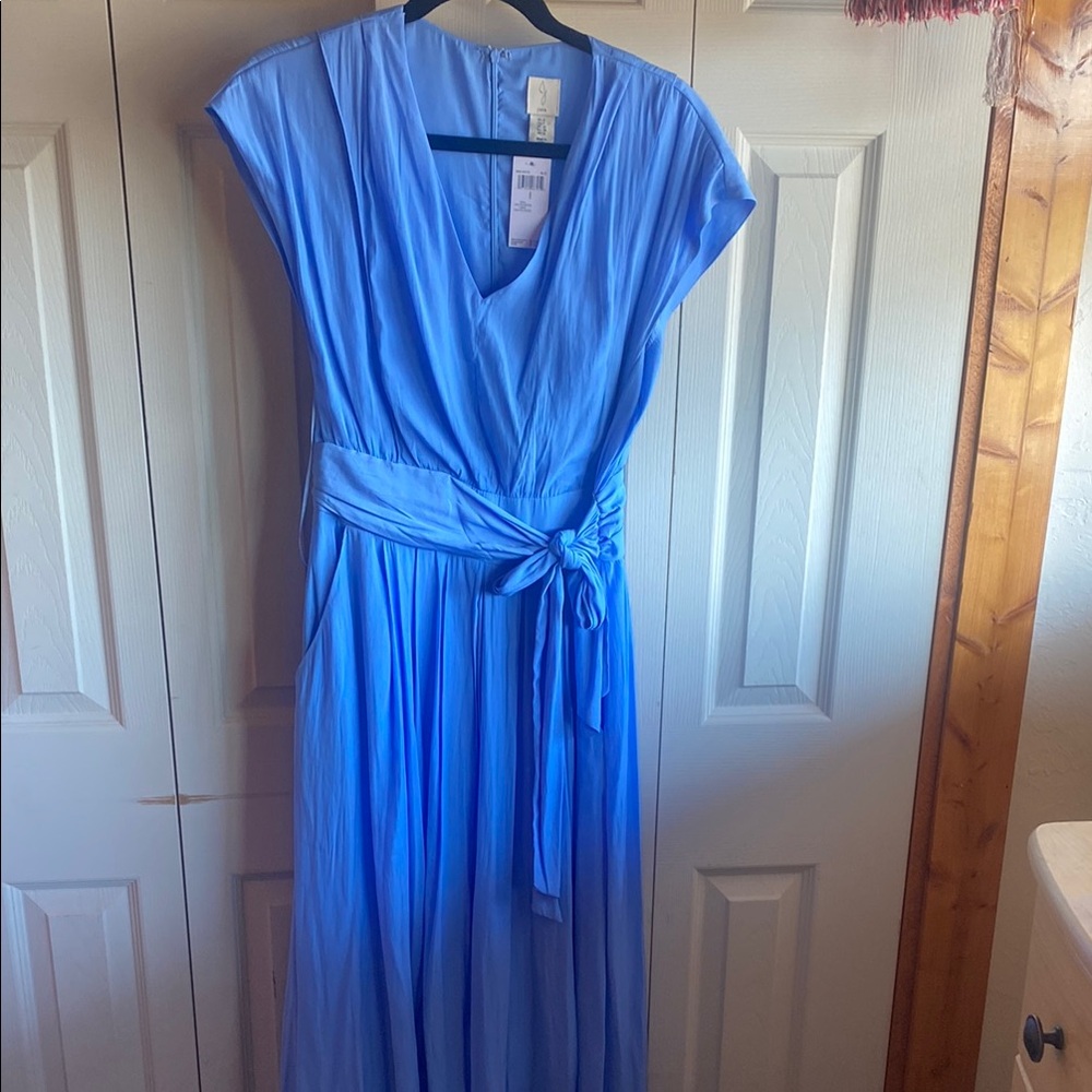 Joie NWT V-Neck Tie Waist Pleated Pockets Hidden Back Zip Close Midi Dress Sz 8 - Picture 5 of 17